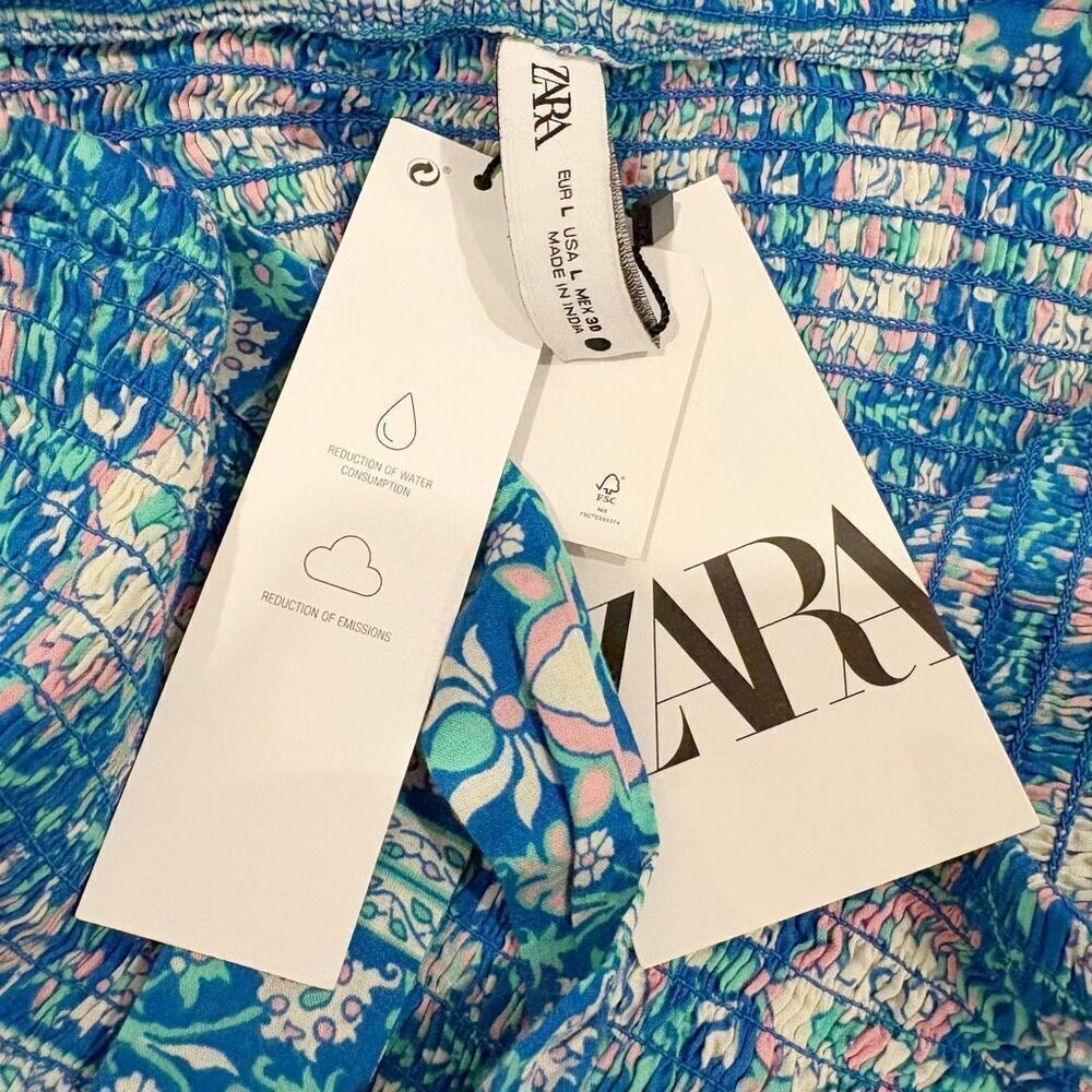 NWT Zara Floral Smocked Dress Size Large Blue - Picture 11 of 12